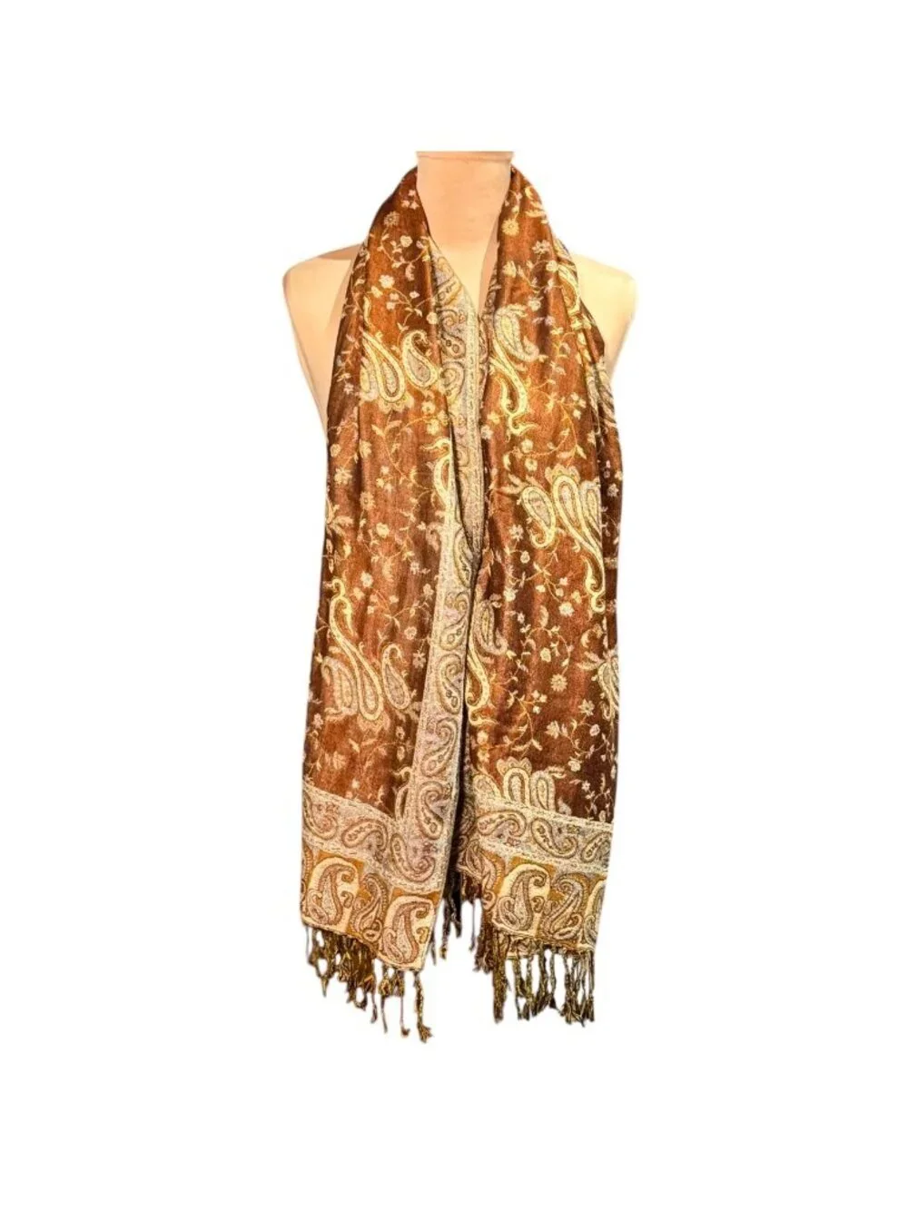 New Large Paisley Scarf Wrap Pashmina Brown Cream Fringe Classic
